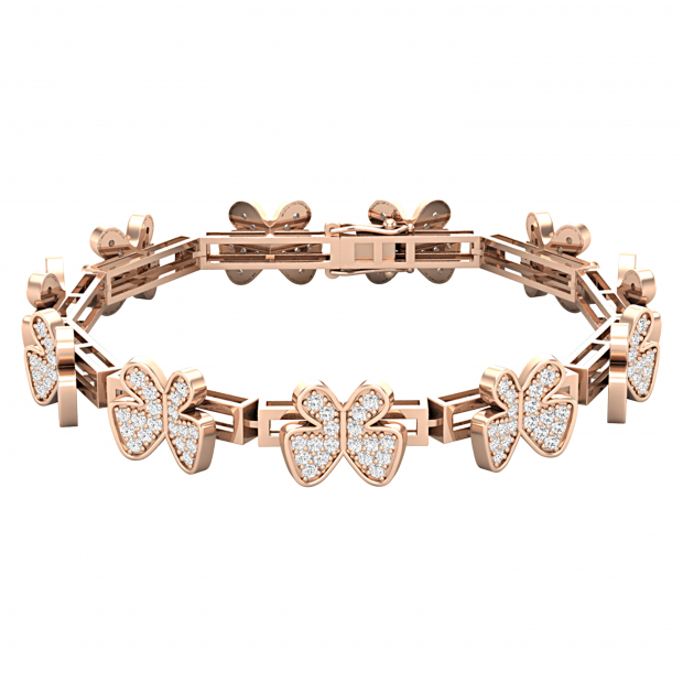 Round Lab Grown White Diamond Multiple Butterfly Set on Rectangular Link Bar Dainty Charm Bracelet for Her (2.43 ctw Color H-I Clarity SI2) 14K Rose Gold