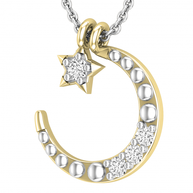 Round Lab Grown White Diamond Three Stone Half Crescent Moon with Tiny Star Pendant for Women (0.10 ctw, Color H-I, Clarity SI2) | 10K Yellow Gold