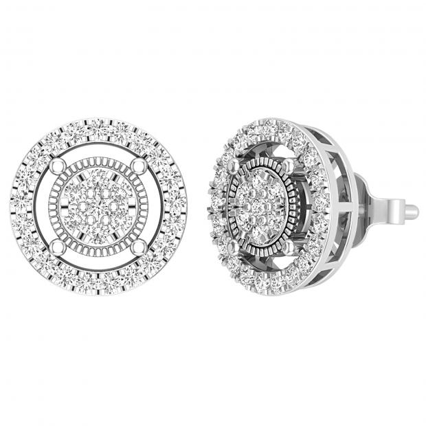 Round Lab Grown White Diamond Circle Shape Frame Cluster Ladies Push Back Stud Earrings (0.76 ctw Color H-I Clarity SI2) | 14K White Gold
