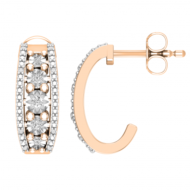 Round Lab Grown White Diamond Center Row and Beaded Outer Ribbons Modish J Shape Pushback Hoop Earrings for Her (0.10 ctw, Color H-I, Clarity SI2) | 10K Rose Gold