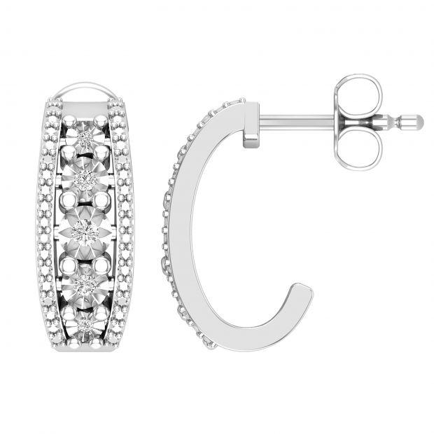 Round Lab Grown White Diamond Center Row and Beaded Outer Ribbons Modish J Shape Pushback Hoop Earrings for Her (0.10 ctw, Color H-I, Clarity SI2) | 18K White Gold