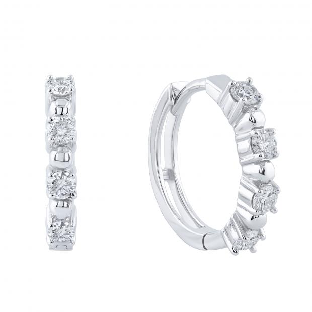 Round Lab Grown White Diamond with Alternating Round Metal Beads Hinged Huggie Hoop Earrings for Women (0.48 ctw H-I Color SI2 Clarity) 10K White Gold