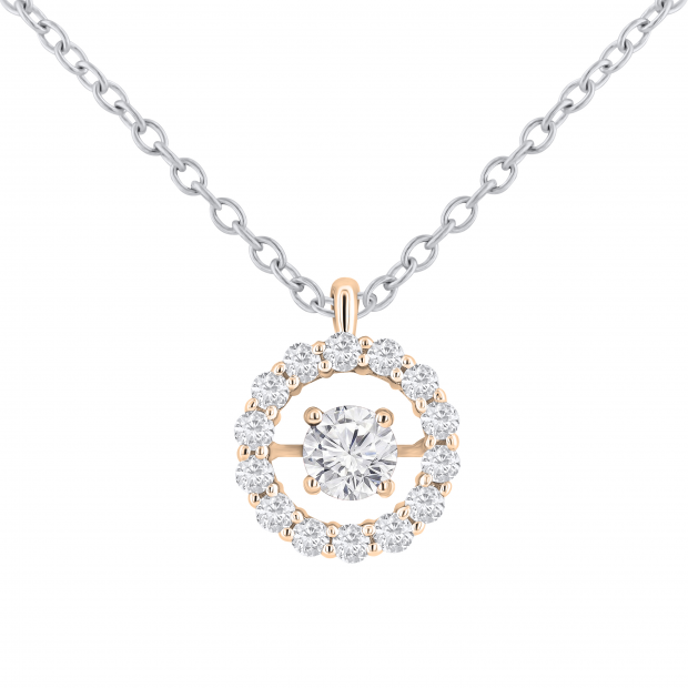 Round Lab Grown White Diamond Center Dancing Stone Pendant with Silver Chain for Women (0.60 ctw, Color H-I, Clarity I1-I2) in 14K Rose Gold