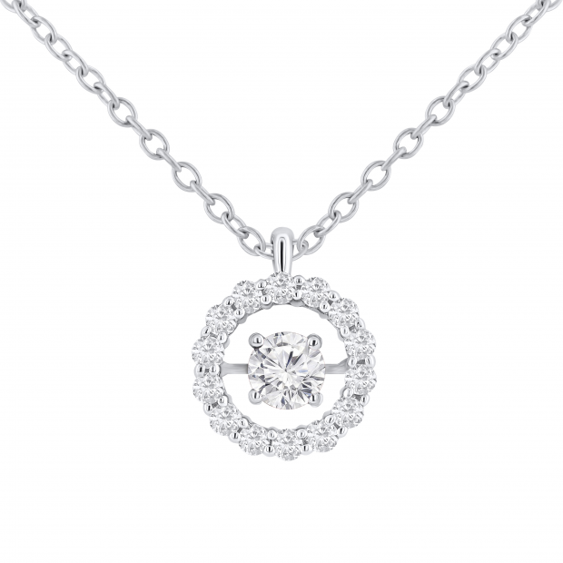 Round Lab Grown White Diamond Center Dancing Stone Pendant with Silver Chain for Women (0.60 ctw, Color H-I, Clarity I1-I2) in 14K White Gold