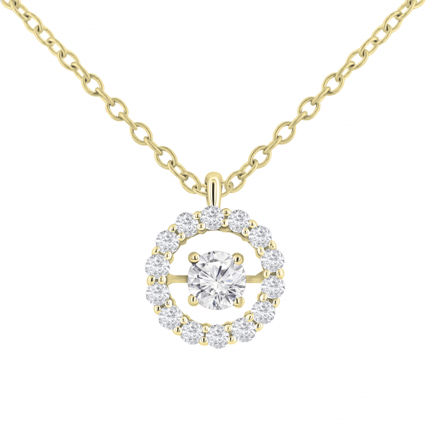 Round Lab Grown White Diamond Center Dancing Stone Pendant with Gold Chain for Women (0.60 ctw, Color H-I, Clarity I1-I2) in 18K Yellow Gold