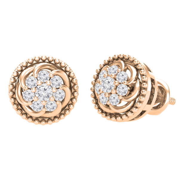 Round Lab Grown White Diamond Metal Beaded Circle Frame Swirl Screw Back Stud Earrings for Women 1/3 CT (0.32 ctw, Color H-I, Clarity SI2) in 18K Rose Gold