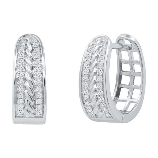 Round Set in Two Rows White Diamond in Between Rope Huggie Hoop Earrings for Women (0.24 ctw Color H-I Clarity SI2) in 925 Sterling Silver