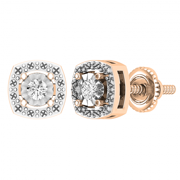 Round Lab Grown White Diamond Cushion Shape Textured Illusion Set Screwback Stud Earrings for Women (0.10 ctw, Color H-I, Clarity SI2) in 18K Rose Gold