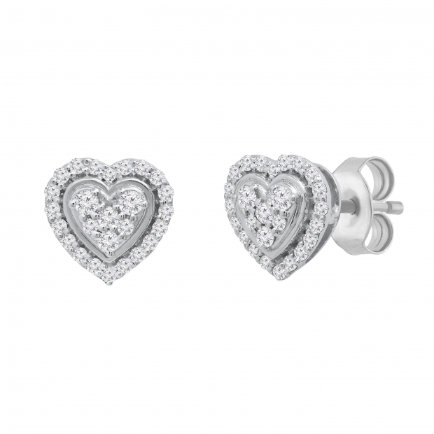 Round Lab Grown White Diamond Outlined Heart Halo Style Pushback Stud Earrings for Women (0.34 ctw Color H-I Clarity SI2) in 925 Sterling Silver