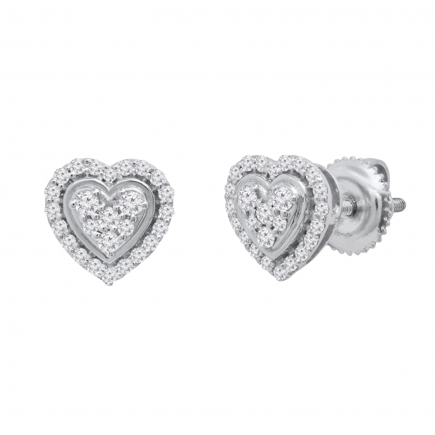 Round Lab Grown White Diamond Outlined Heart Halo Style Screwback Stud Earrings for Women (0.34 ctw Color H-I Clarity SI2) in 925 Sterling Silver