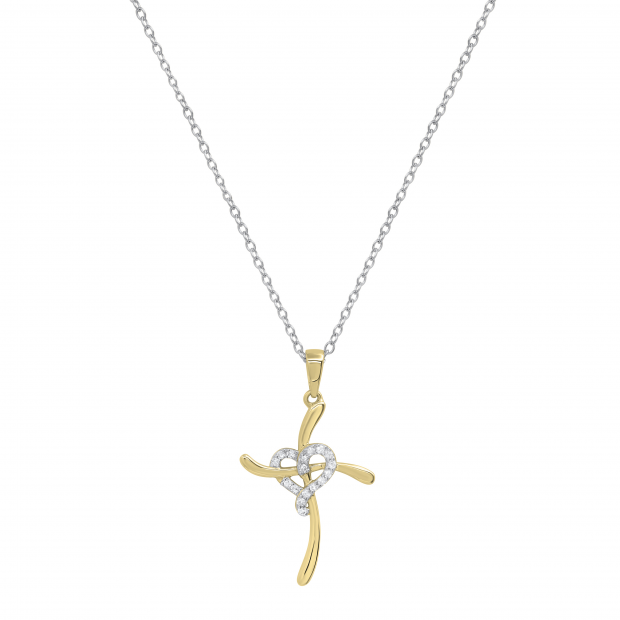Round Lab Grown White Diamond Heart Swirl Cross Pendant with 18 Inch Silver Chain for Women (0.11 ctw, Color H-I, Clarity SI2) in 18K Yellow Gold