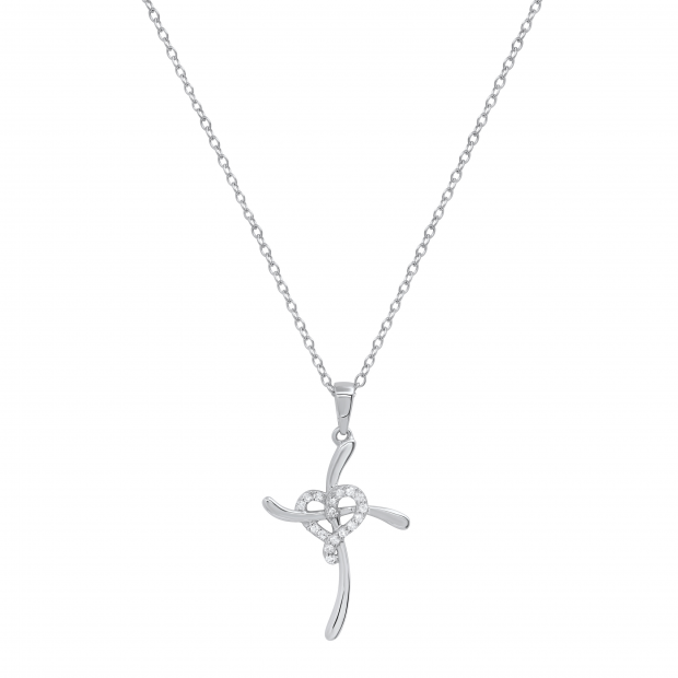 Round Lab Grown White Diamond Heart Swirl Cross Pendant with 18 Inch Silver Chain for Women (0.11 ctw, Color H-I, Clarity SI2) in 925 Sterling Silver