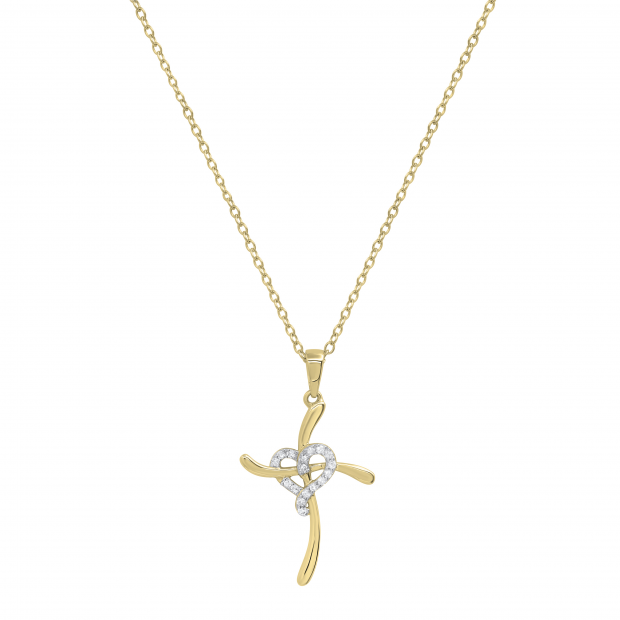 Round Lab Grown White Diamond Heart Swirl Cross Pendant with 18 Inch Gold Chain for Women (0.11 ctw, Color H-I, Clarity SI2) in 14K Yellow Gold