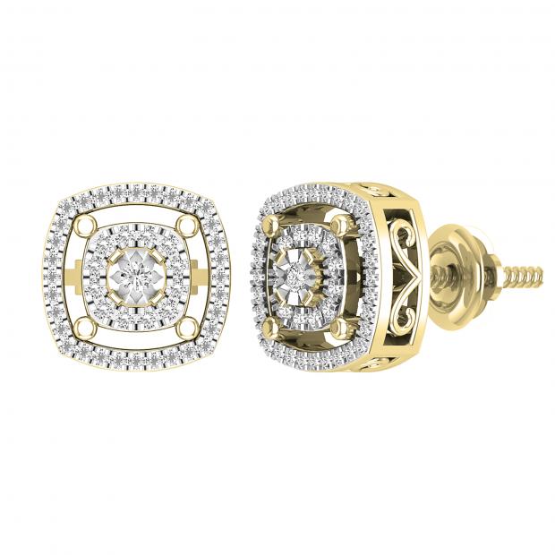 Round Lab Grown White Diamond Double Cushion Shape Flower Screwback Stud Earrings for Women (0.28 ctw Color I-J Clarity I2-I3) in 10K Yellow Gold