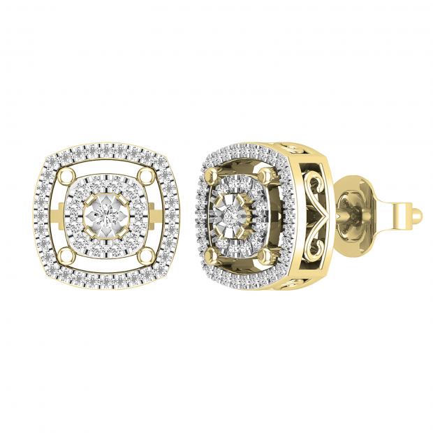 Round Lab Grown White Diamond Double Cushion Shape Flower Pushback Stud Earrings for Women (0.28 ctw Color I-J Clarity I1-I2) in 18K Yellow Gold