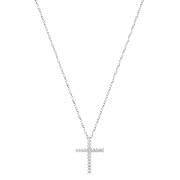 Round Lab Grown White Diamond Religious Cross Pendant for Her 1/10 CT (0.11 ctw, Color H-I, Clarity Si2) in 10K White Gold