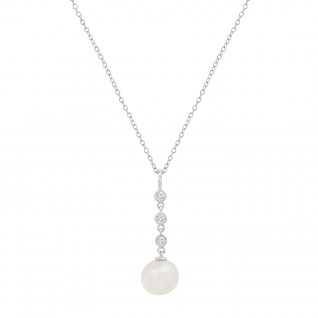 10mm Freshwater Pearl & 0.18 ctw Lab Grown White Diamond 3 Stone Drop Down Pendant with 18 Inch Gold Chain for Women in 10K White Gold