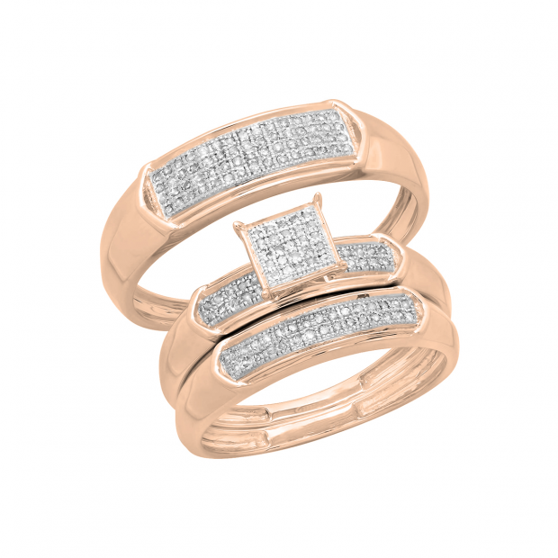 Lab Grown White Diamond Square Shaped Head Wedding Trio Ring Set For Men & Women (0.30 ctw Color H-I Clarity SI2) in 18K Rose Gold