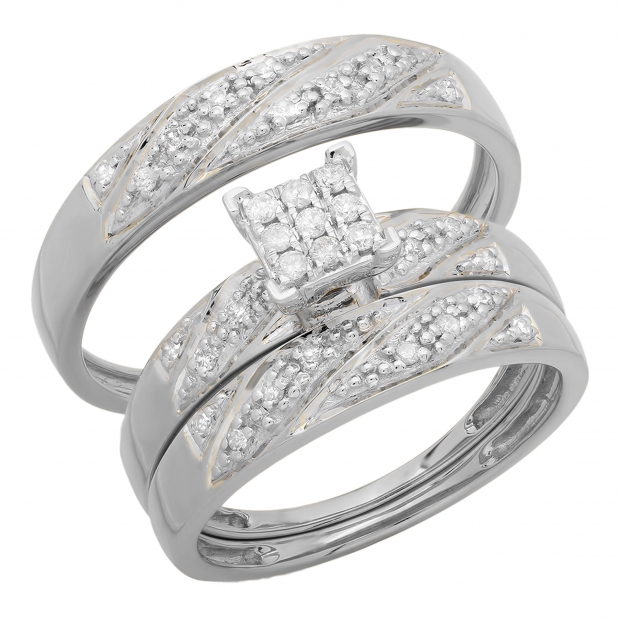 Round Lab Grown White Diamond Square Frame Matching Wedding Trio Ring Set for Him & Her (0.28 ctw, Color H-I, Clarity SI2) in 925 Sterling Silver