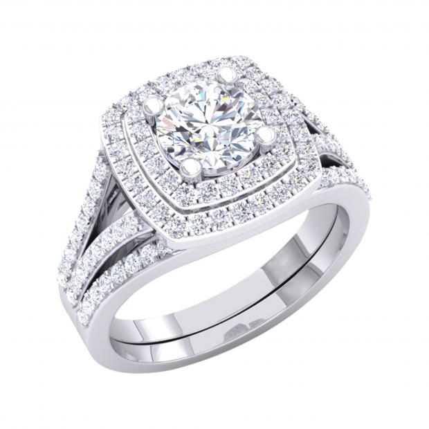 6mm Center Round Lab Grown Diamond Halo Split Shank Wedding Ring Set for Her (1.44 ctw, Color H-I, Clarity SI2) in 925 Sterling Silver