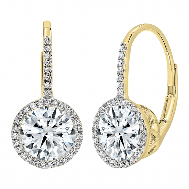 10K Yellow Gold Lever-back Earrings, IGI Certified 1.50 ctw Round Lab Grown Diamond