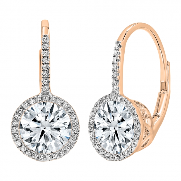 18K Rose Gold Lever-back Earrings, IGI Certified 1.50 ctw Round Lab Grown Diamond