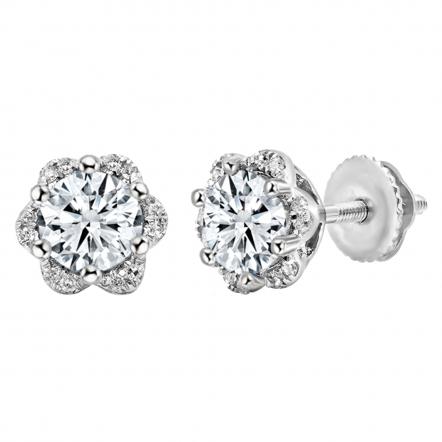 10K White Gold Flower Shape Stud Earrings, IGI Certified 1.70 CT Round Lab Grown Diamond in Screw Back