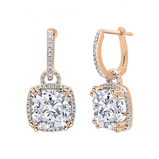 IGI Certified 4.50 ctw Cushion & Round Lab Grown Diamond Drop Earrings, 18K Rose Gold
