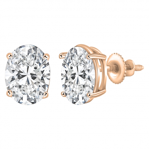 18K Rose Gold 4 Prong Solitaire Stud Earrings, IGI Certified 1.30 CT Oval Lab Grown Diamond in Screw Back