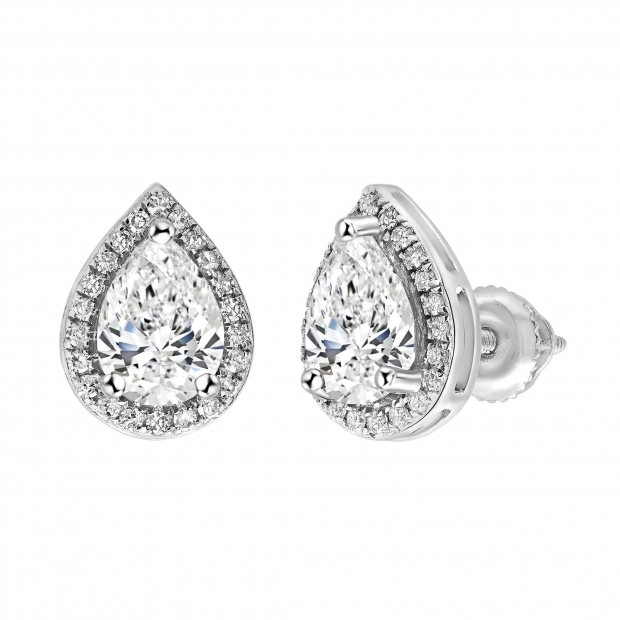 10K White Gold Halo Stud Earrings, IGI Certified 1.46 CT Pear and Round Lab Grown Diamond in Screw Back
