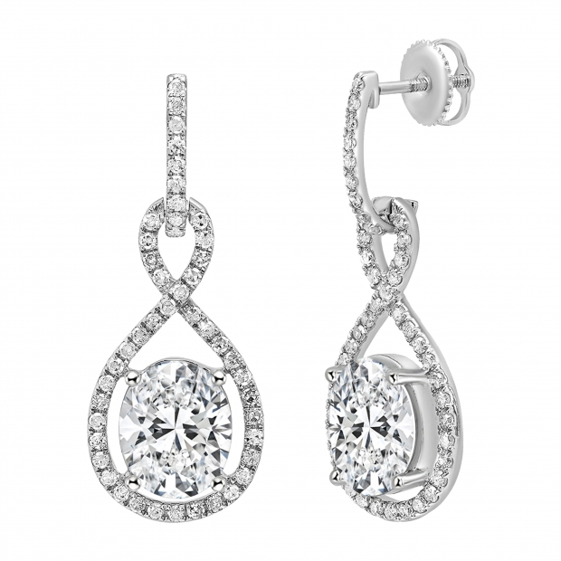 10K White Gold Halo Drop Dangle Earrings, IGI Certified 6.75 ctw Oval and Round Lab Grown Diamond in Screw Back