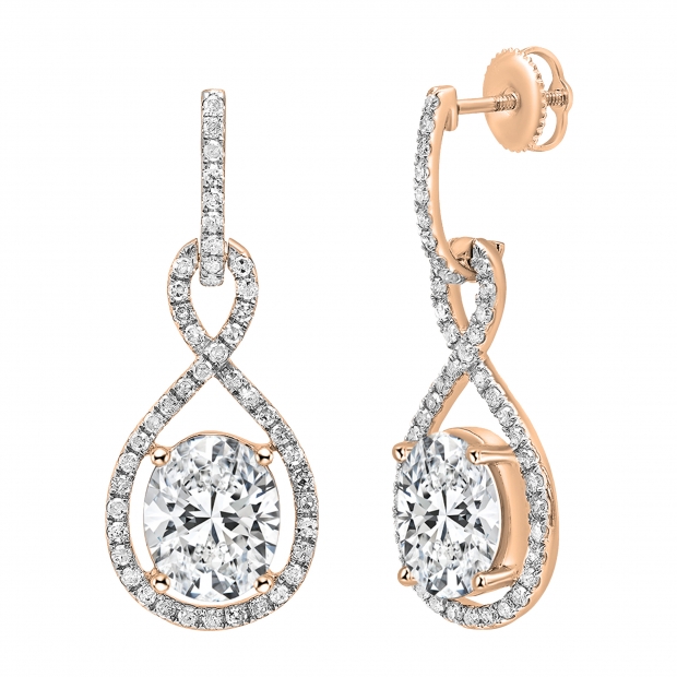 18K Rose Gold Halo Drop Dangle Earrings, IGI Certified 6.75 ctw Oval and Round Lab Grown Diamond in Screw Back