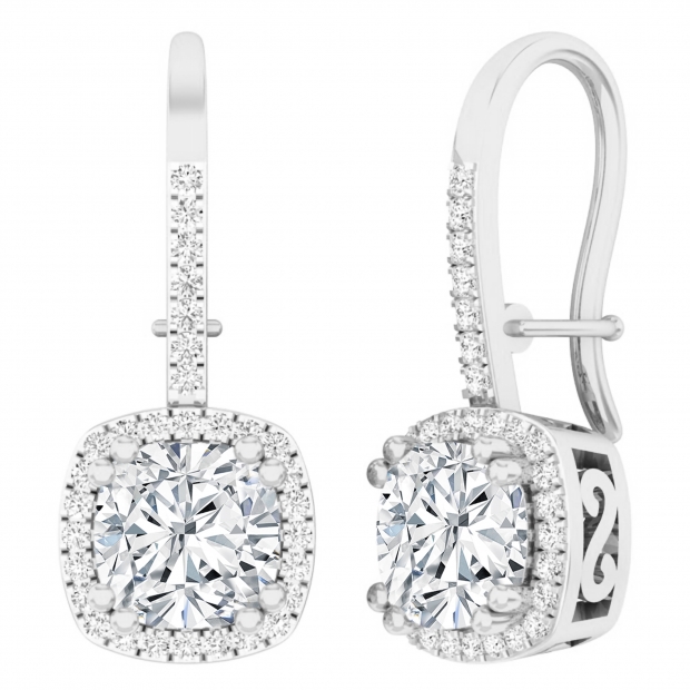 IGI Certified 2.26 Carat Cushion & Round Lab Grown Diamond Double Prong French Wire Drop Earrings, 10K White Gold 