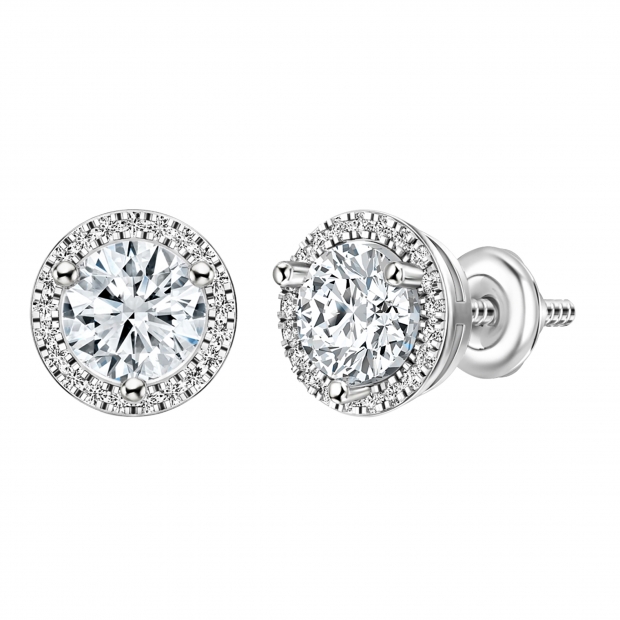 10K White Gold Halo Stud Earrings, IGI Certified 1.12 CT Round Lab Grown Diamond in Screw Back