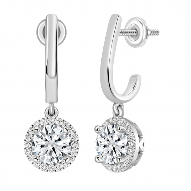 IGI Certified 1.82 Carat Center & Side Round Lab Grown Diamond Four Prong Halo Style Dangle Earrings, 10K White Gold in Screw Back