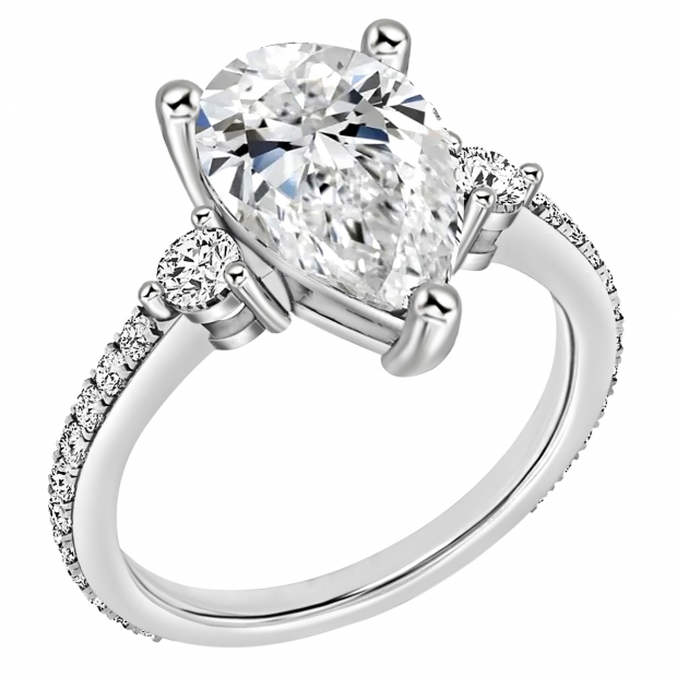 10K White Gold 3 Stone Ring, IGI Certified 4.80 ctw Pear & Round Lab Grown Diamond