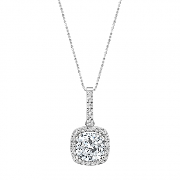 IGI Certified 10K White Gold Studded Bale Pendant with 18 inch Gold Chain, 2.50 cttw Cushion & Round Lab-Grown Diamond