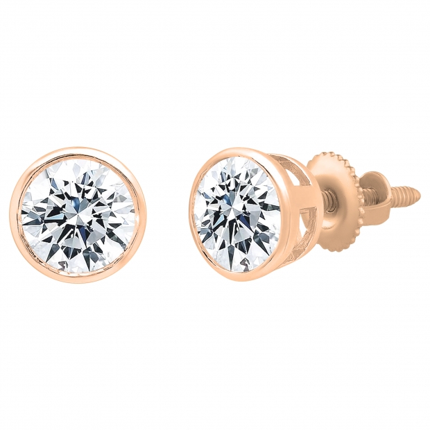 18K Rose Gold Solitaire Stud Earrings, IGI Certified 1.00 ctw Round Lab Grown Diamond in Screw Back