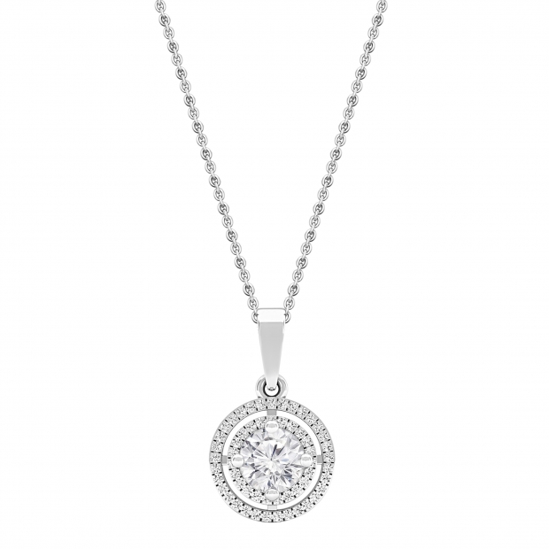 0.50 Carat Center & 0.12 Carat Side Round Lab Grown White Diamond Double Halo Pendant Necklace with 18 inch Silver Chain for Women in 925 Sterling Silver