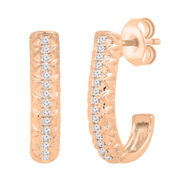 Round Lab Grown White Diamond in Between Metal Zigzag Line J Shape Pushback Hoop Earrings for Her (0.08 ctw, Color H-I, Clarity SI2) in 18K Rose Gold