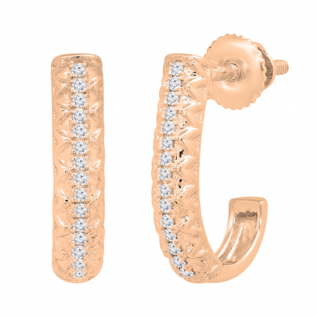 Round Lab Grown White Diamond in Between Metal Zigzag Line J Shape Screwback Hoop Earrings for Her (0.08 ctw, Color H-I, Clarity SI2) in 18K Rose Gold