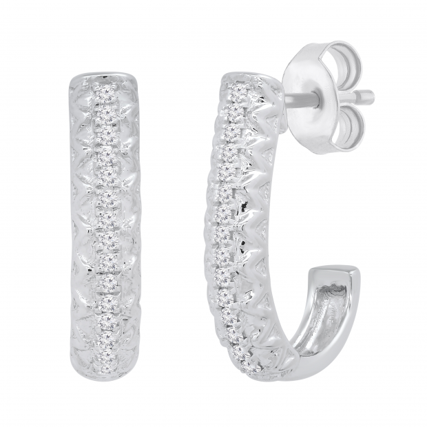 Round Lab Grown White Diamond in Between Metal Zigzag Line J Shape Pushback Hoop Earrings for Her (0.08 ctw, Color H-I, Clarity SI2) in 925 Sterling Silver