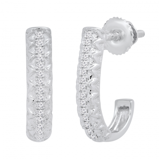 Round Lab Grown White Diamond in Between Metal Zigzag Line J Shape Screwback Hoop Earrings for Her (0.08 ctw, Color H-I, Clarity SI2) in 925 Sterling Silver