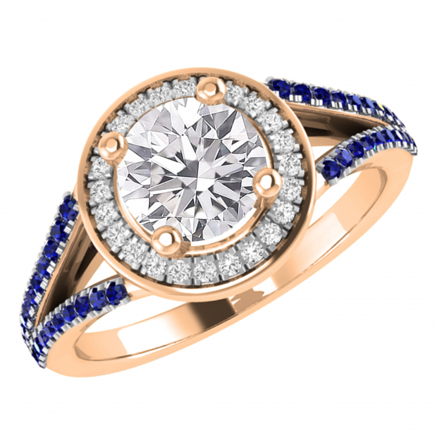 Round Lab Grown Center & Side White Diamond with Blue Sapphire Split Shank Engagement Ring for Women in 18K Rose Gold