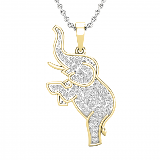 Round Lab Grown White Diamond Baby Elephant Pendant for Women with 18 Inch Silver Chain (0.53 ctw, Color H-I, Clarity SI2) in 14K Yellow Gold