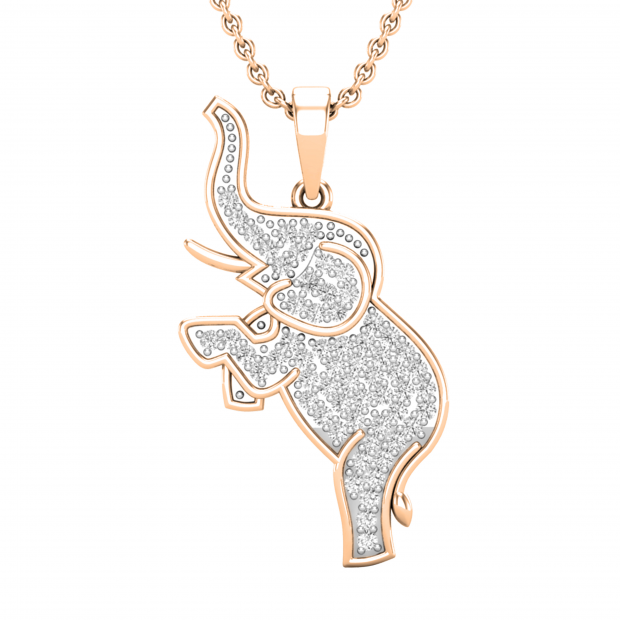 Round Lab Grown White Diamond Baby Elephant Pendant for Her with 18 Inch Gold Chain (0.53 ctw, Color H-I, Clarity SI2) in 14K Rose Gold