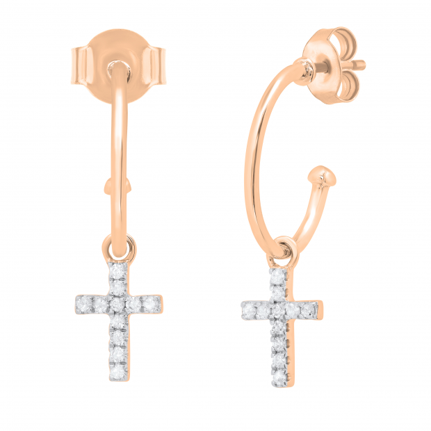 0.12 Carat (ctw) Round Lab Grown White Diamond Cross Charm Pushback Drop Earrings for Women in 10K Rose Gold