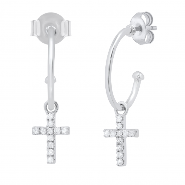 0.12 Carat (ctw) Round Lab Grown White Diamond Cross Charm Pushback Drop Earrings for Women in 925 Sterling Silver