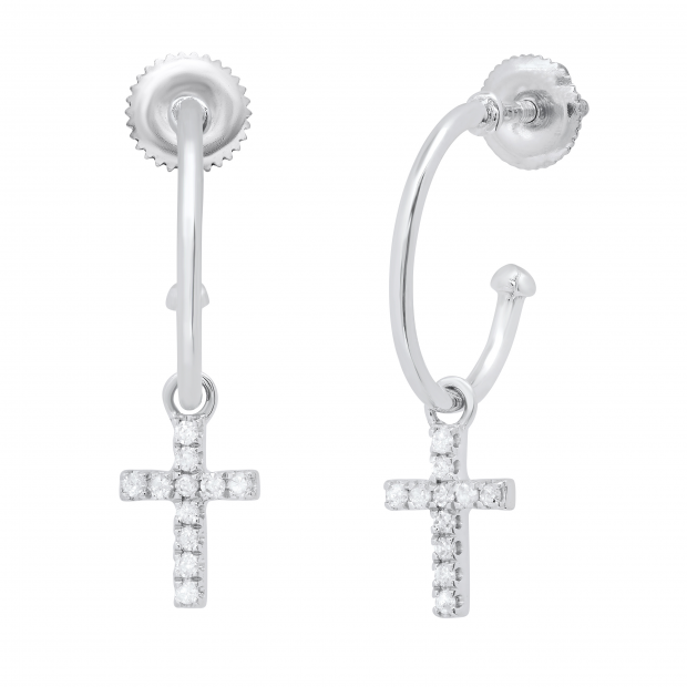 0.12 Carat (ctw) Round Lab Grown White Diamond Cross Charm Screwback Drop Earrings for Women in 925 Sterling Silver