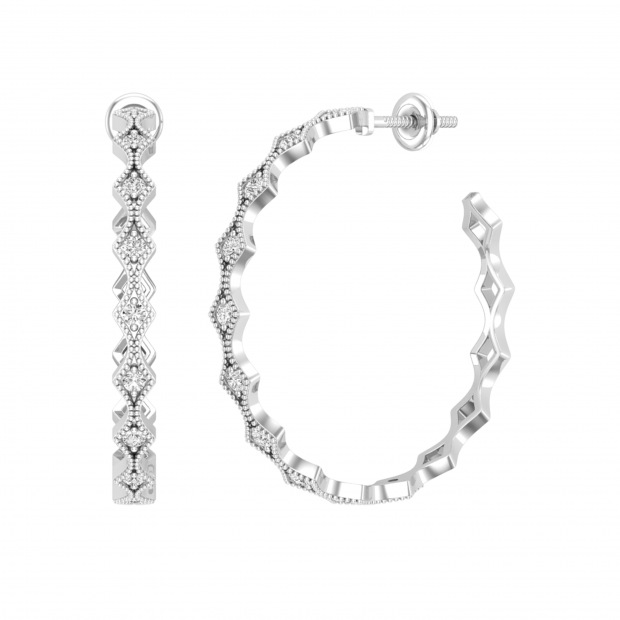 Round Lab Grown White Diamond Kite Shaped Milgrain Edge Screw Back Hoop Earrings for Women (0.51 ctw Color H-I Clarity SI2) in 925 Sterling Silver
